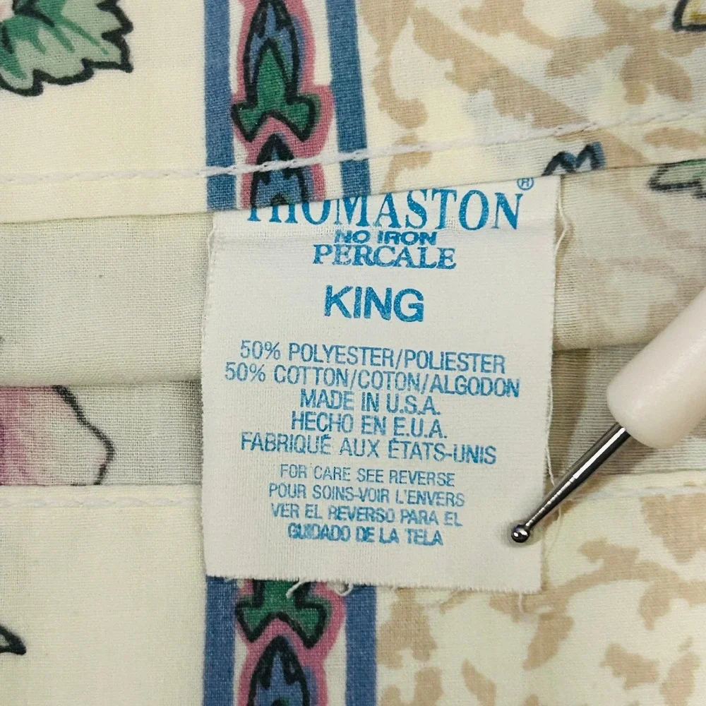 Vintage Thomaston Percale King Flat Sheet Cream Pink Rose Floral USA Cottagecore